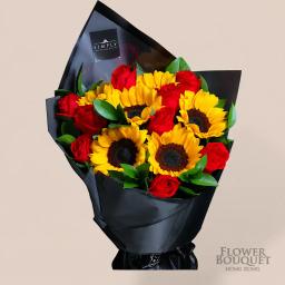 sunflower + red rose bouquet