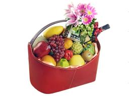 Selected fruit basket + flowers + imported red wine