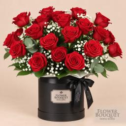 Red roses + baby's breath flower basket