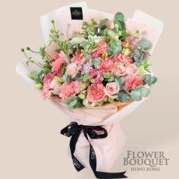 Mother's Day pink roses + pink carnations + seasonal lining flowers bouquet