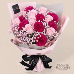 Mother's Day pink roses + purple carnations + matching flowers bouquet