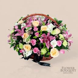 Fire lily + mixed color rose + lining flower basket