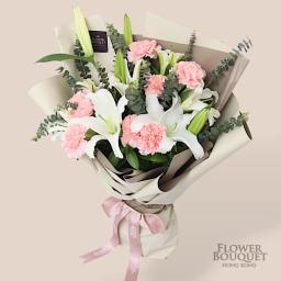 Pink gerbera + white lily + lining leaves bouquet