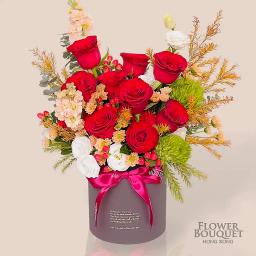 Red rose + platycodon + champagne musk + chrysanthemum + red bean flower bucket