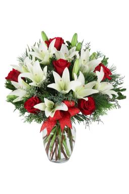Red rose + white lily + lining leaves with vase