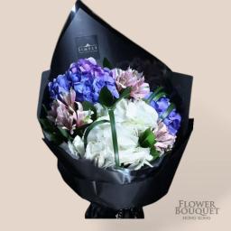 Purple blue and white hydrangeas + small white flowers + lining flowers bouquet