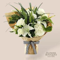 Green palm + white lily + white rose + hydrangea + spring orchid leaves bouquet