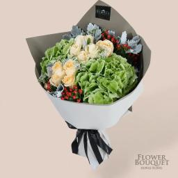 Green hydrangea + champagne rose + red bean + lining flowers bouquet